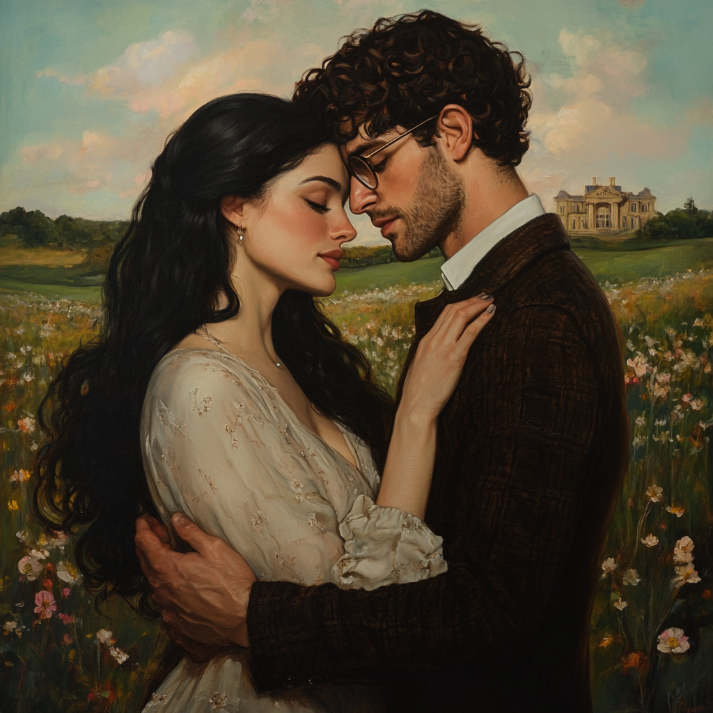 A Romantic Couple Embracing in a Countryside Morning