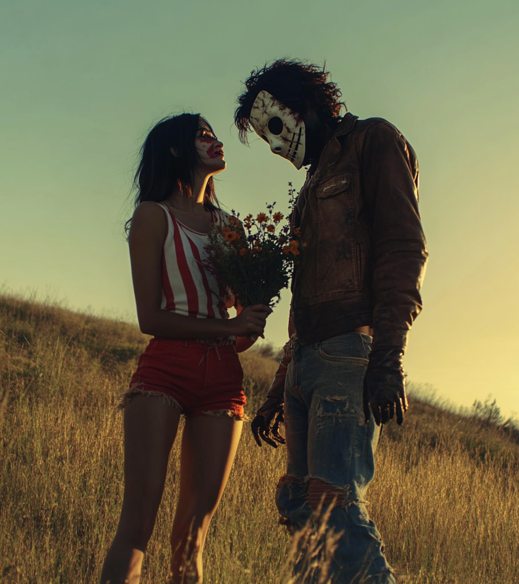 A Romantic Sunset Scene with 1980s Masked Maniac