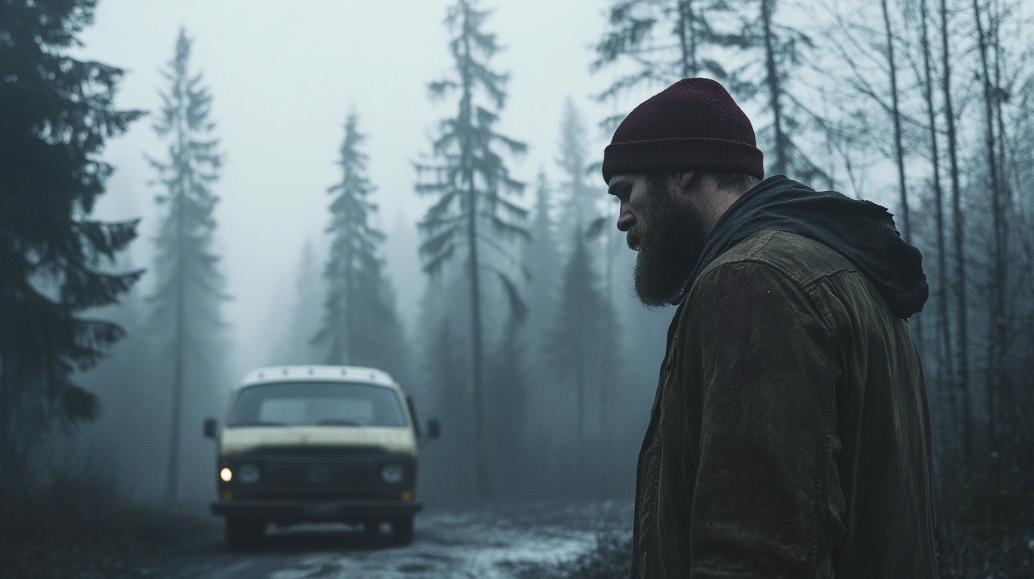 A Rugged Man Walking in Misty Forest