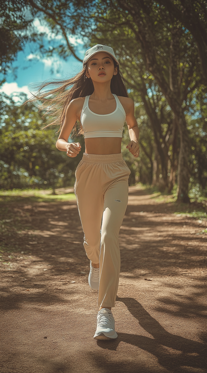 Asian Woman Running in Park with Nature Background