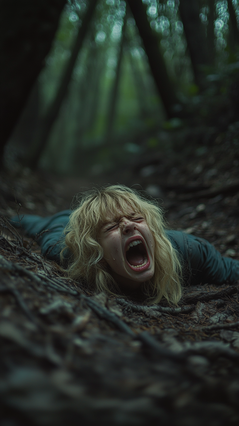 A Russian girl cries for help in forest.