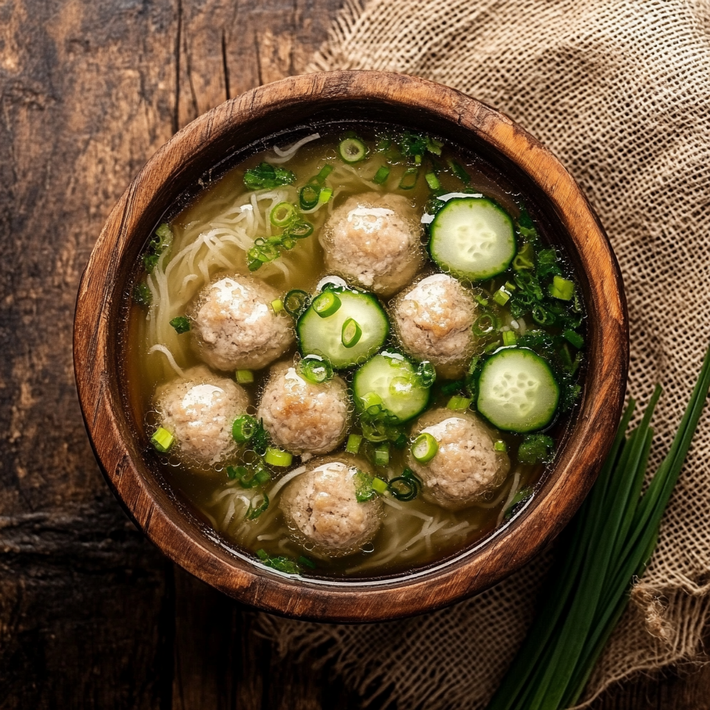 A Rustic Bowl of Meatball Soup With Veggies