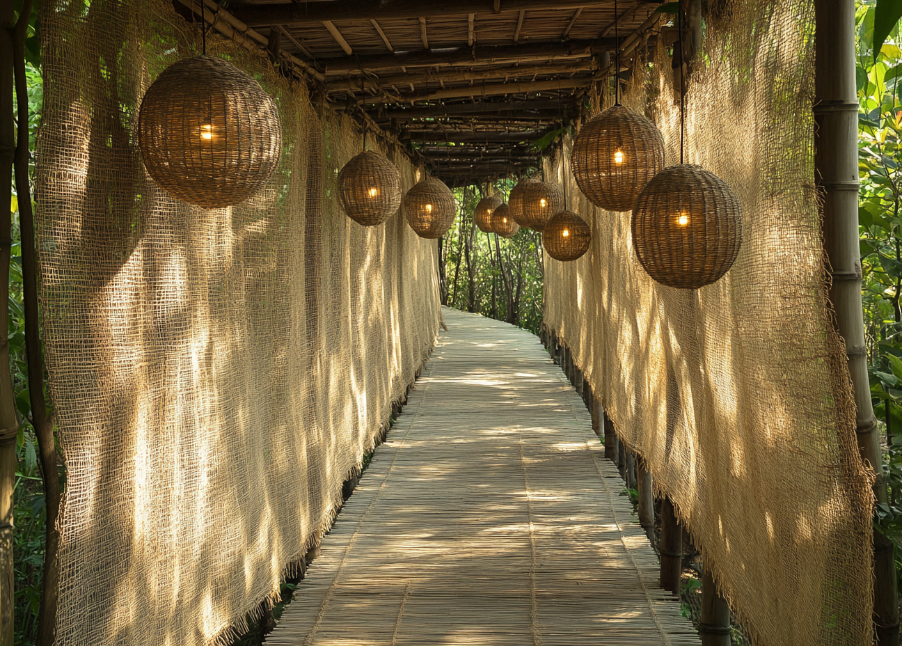 A Rustic Walkway with Woven Baskets and Light