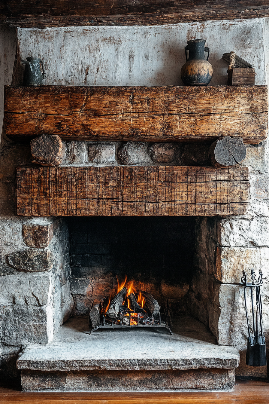 A Rustic Wood Beam Mantle Atop Farmhouse Fireplace