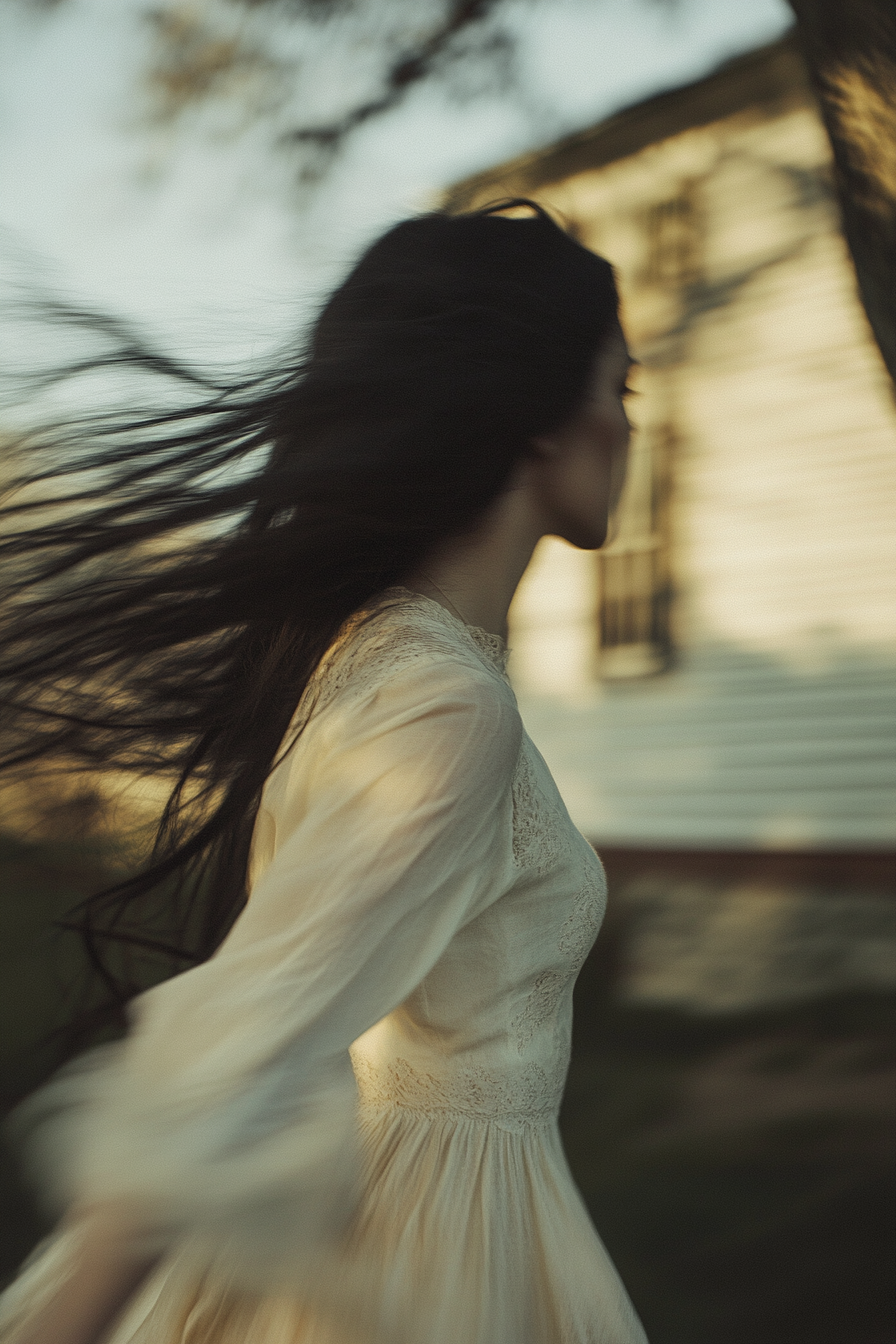 A Sad, Determined Woman in Antique White Dress.