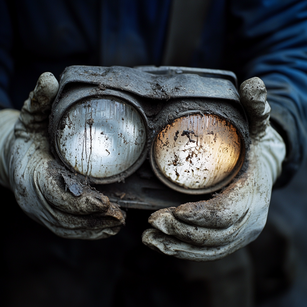 A Sad American Worker Cleaning Dirty Headlights