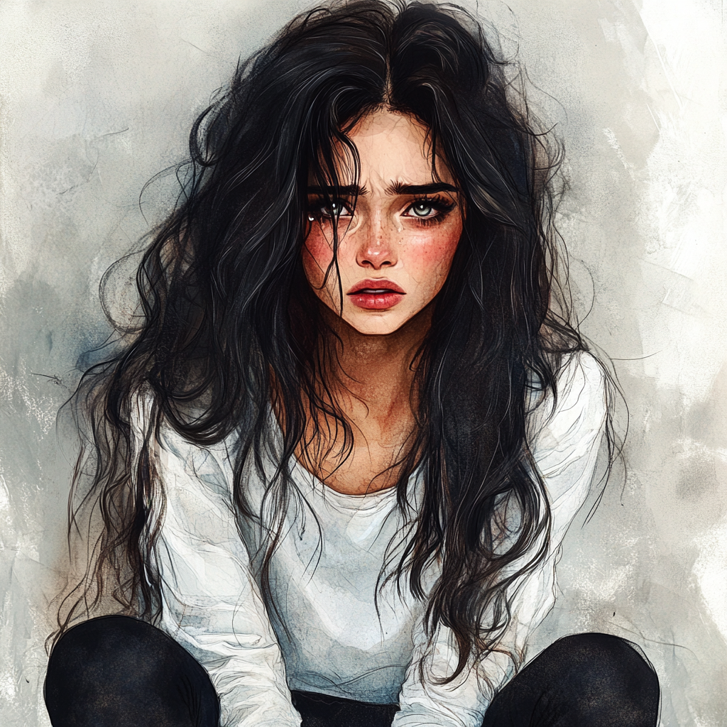 A Sad Beautiful Girl in Watercolor Illustration