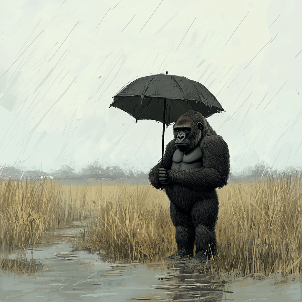 A Sad Gorilla Holds Umbrella in Empty Land