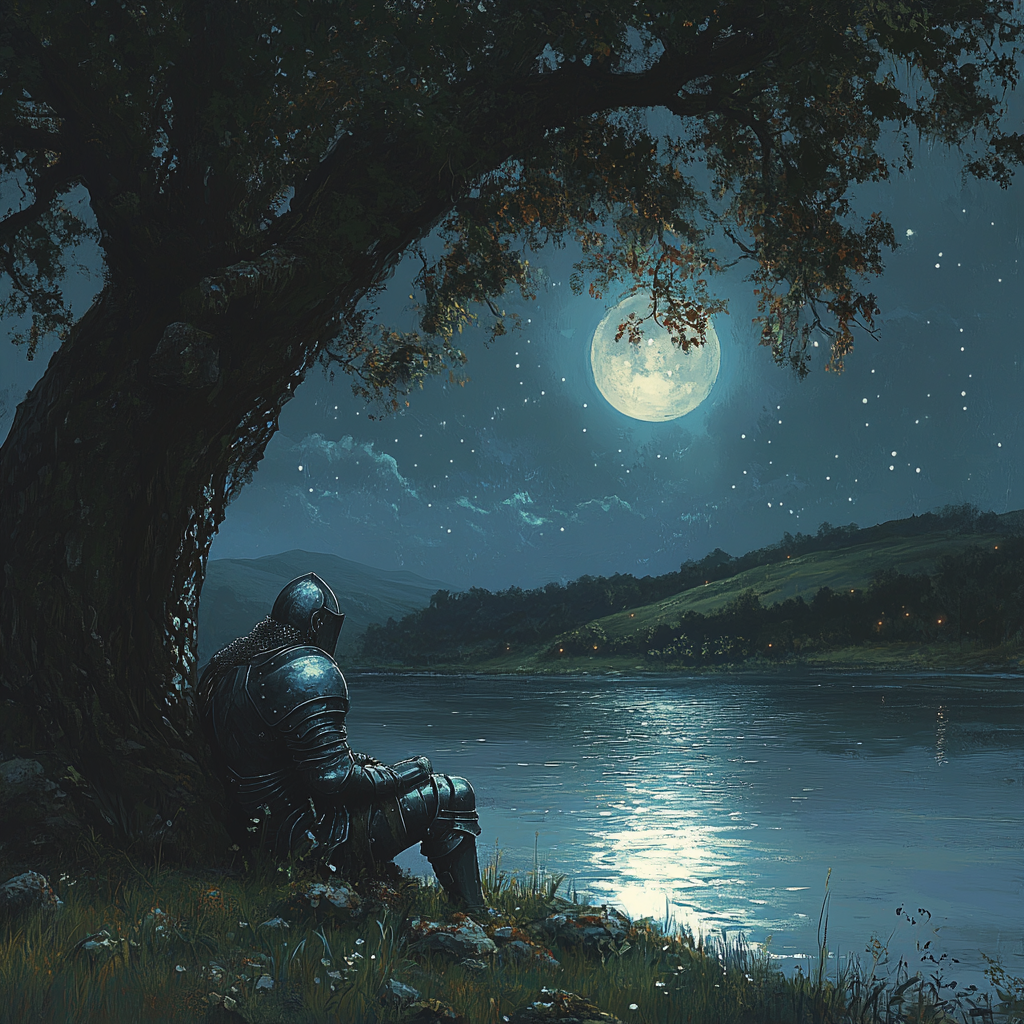 A Sad Medieval Soldier Under Moonlit Night