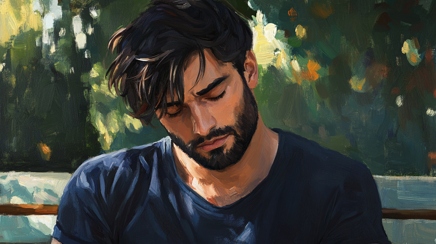 A Sad Young Man Sitting Outdoors, Portrait Painting.