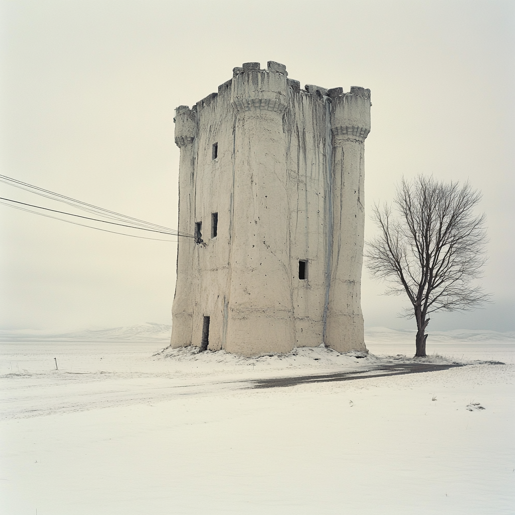 A Sand Castle in Snow Desert with One Tree