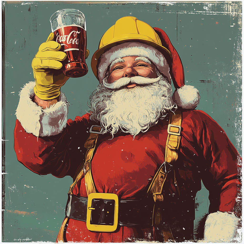 A Santa wearing a yellow hat, holding soda.