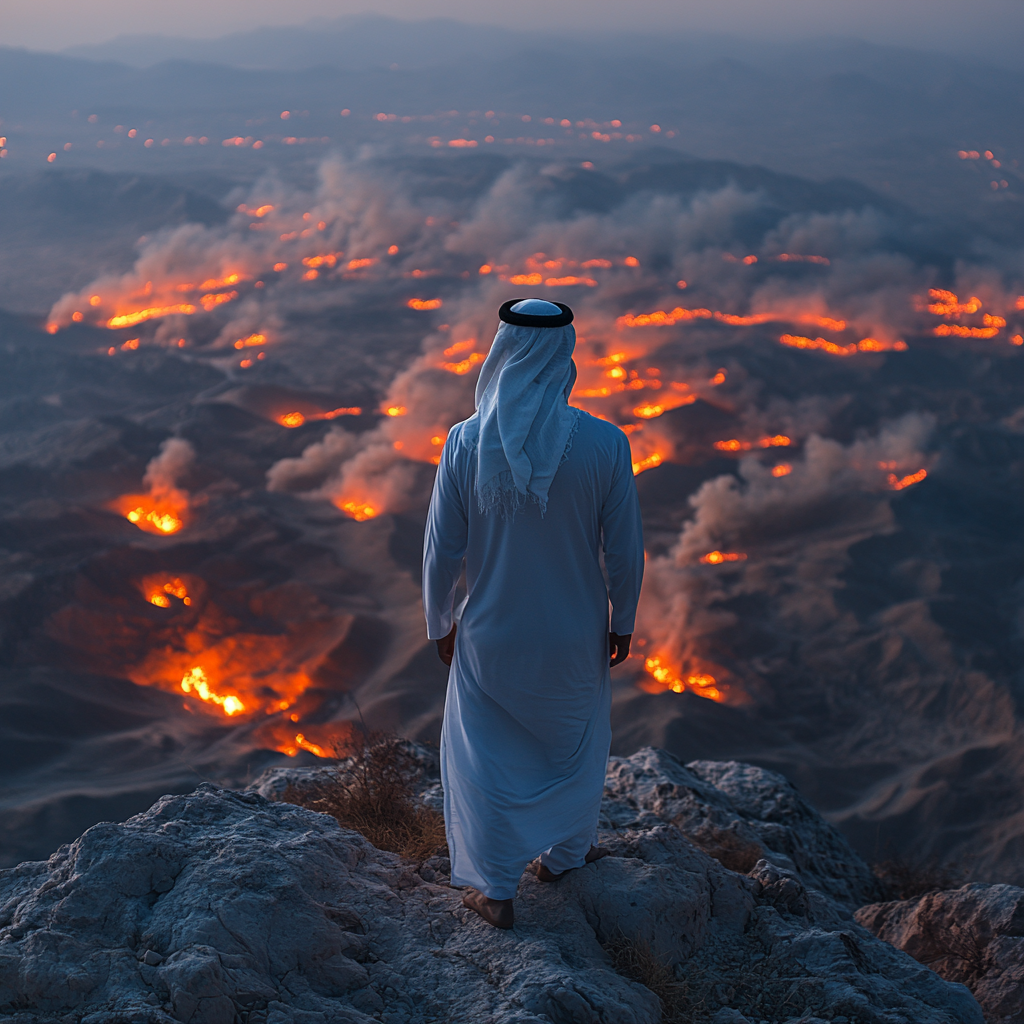 A Saudi Man in White Looking at Desert Fire.