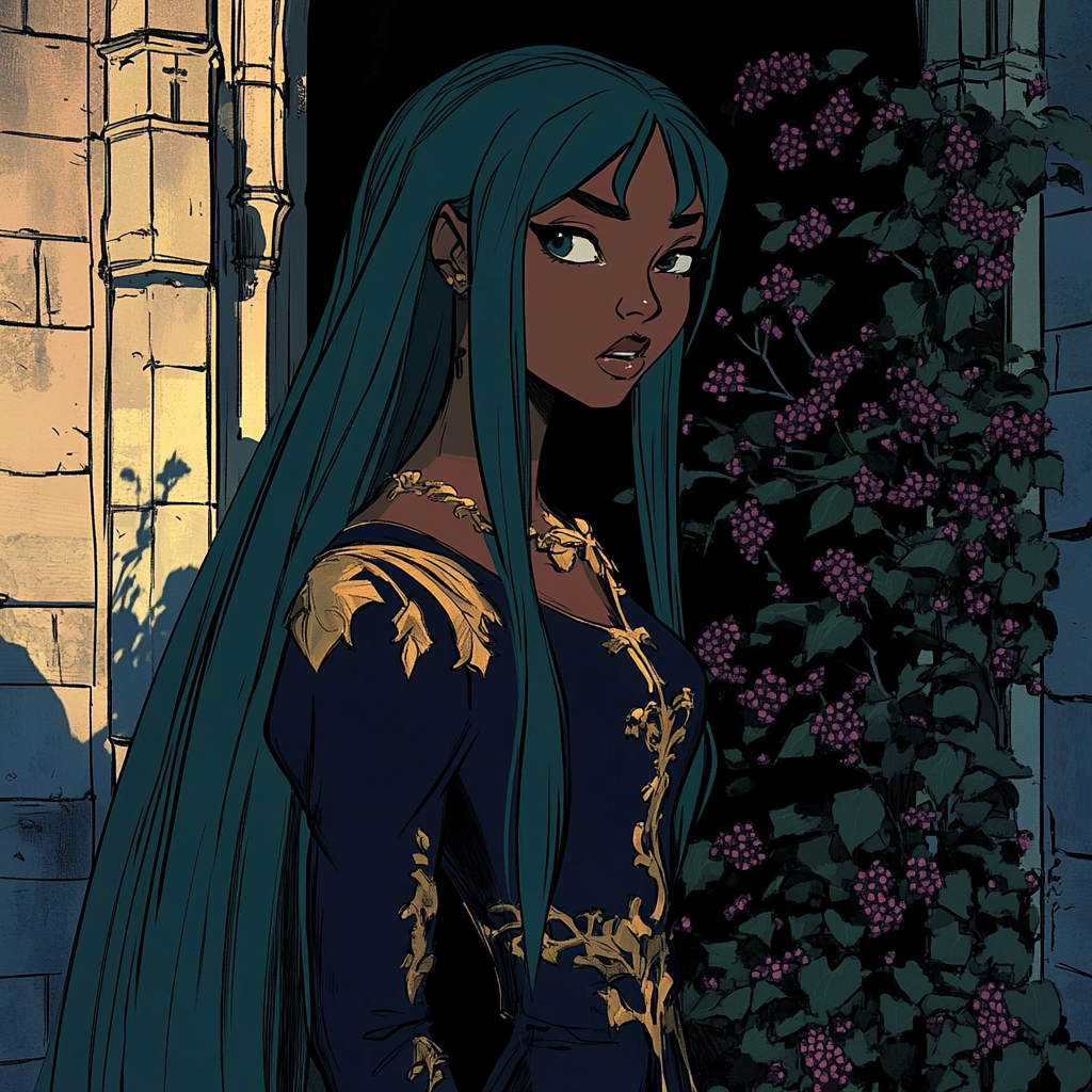 A Scared Black Princess in Castle Window