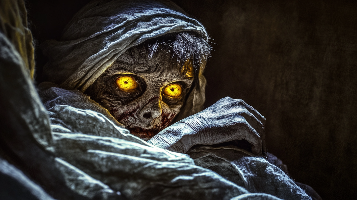 A Scary Monster in Dark Coffin with Yellow Eyes