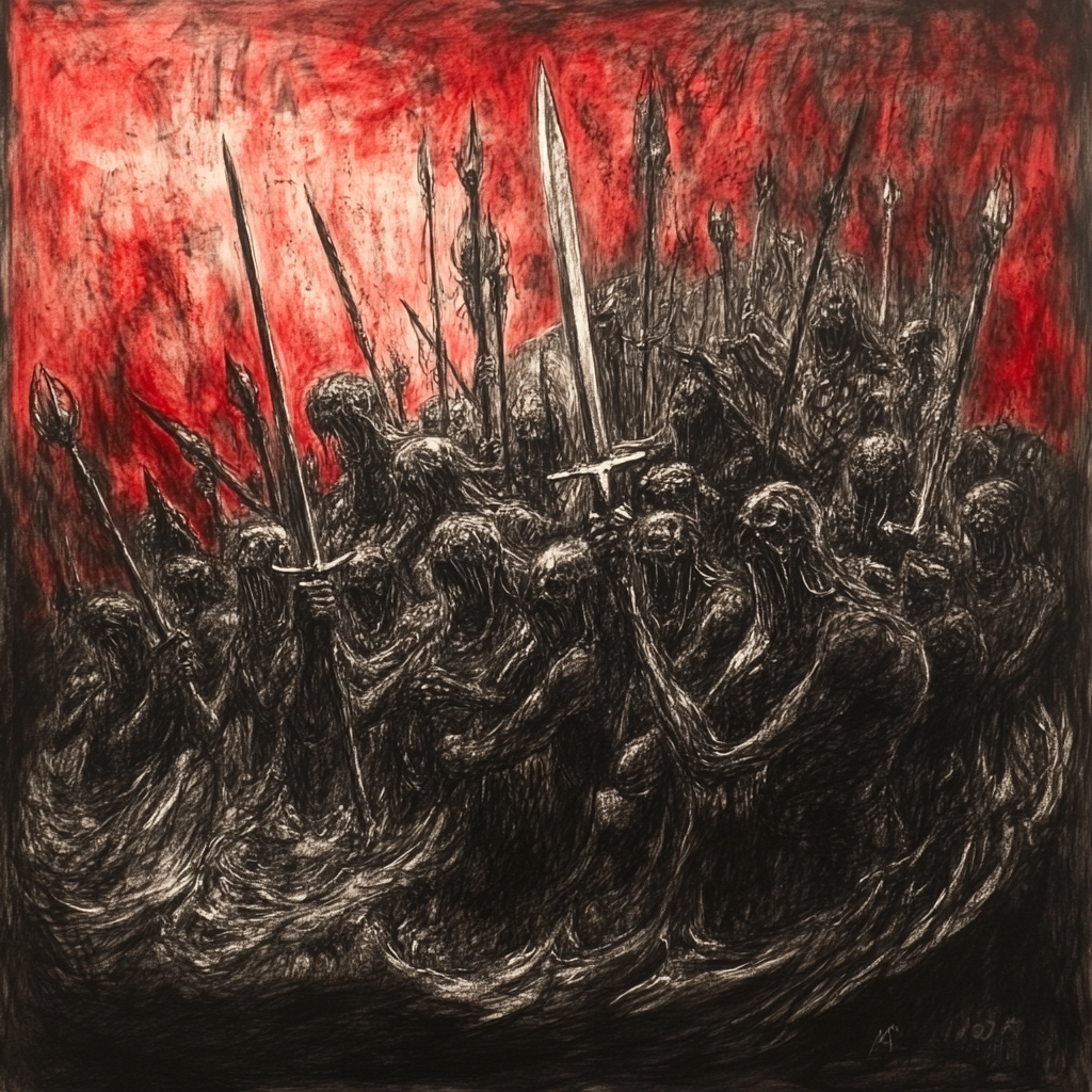 A Scary Red and Black Drawing of Drowning People