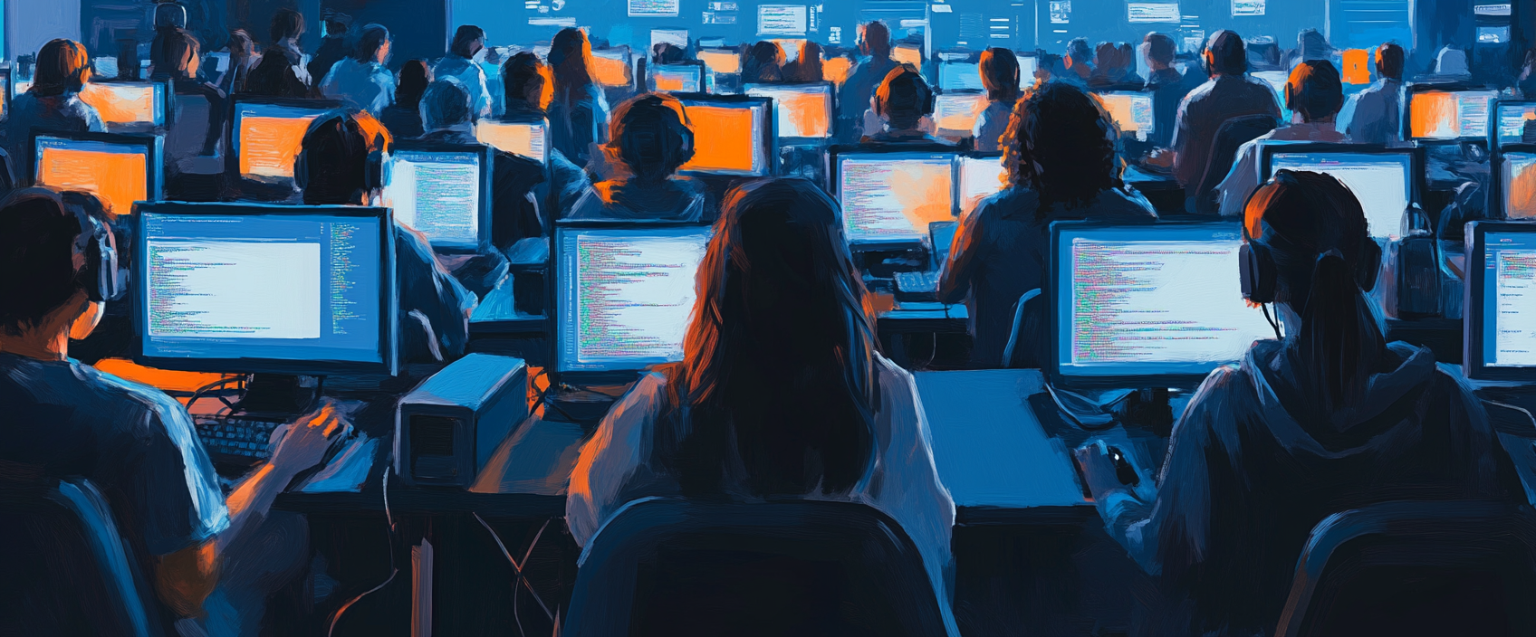 A Scene of College Students Coding in Classroom