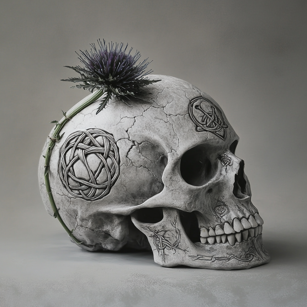 A Scottish Skull with Celtic symbols and thistle.