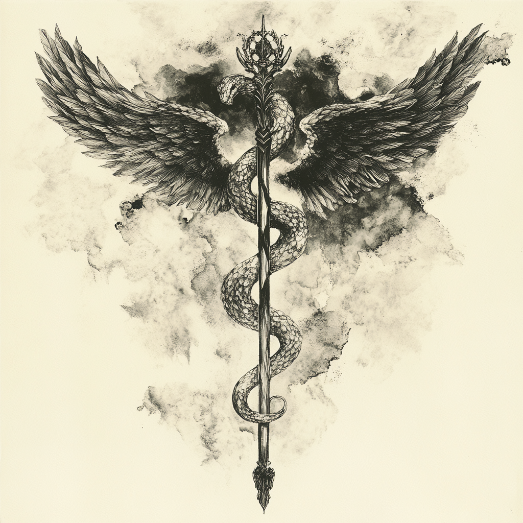 A Serene Ink Drawing of Healing Staff