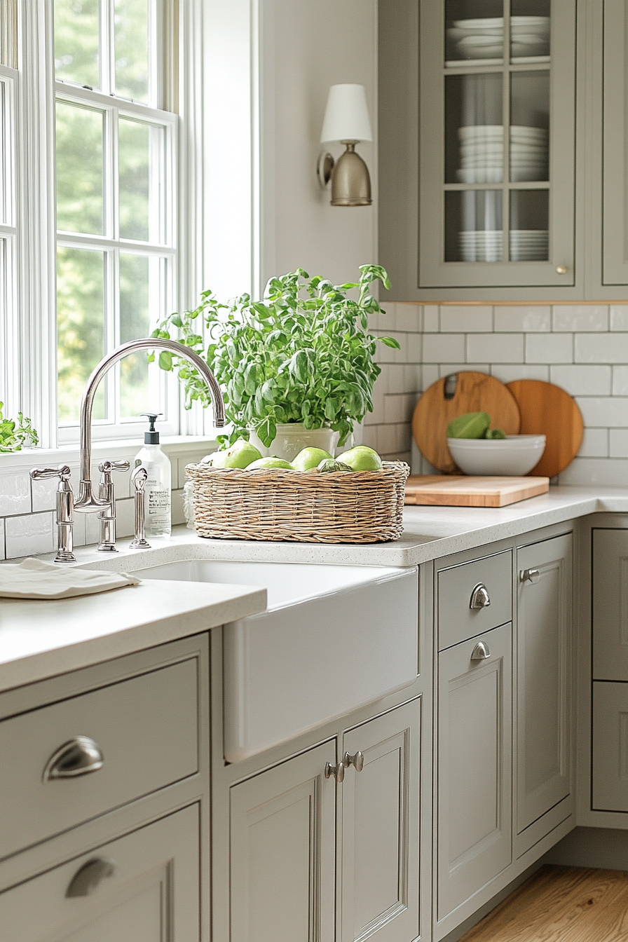 A Serene Kitchen: Pebble Gray Cabinets & Natural Harmony