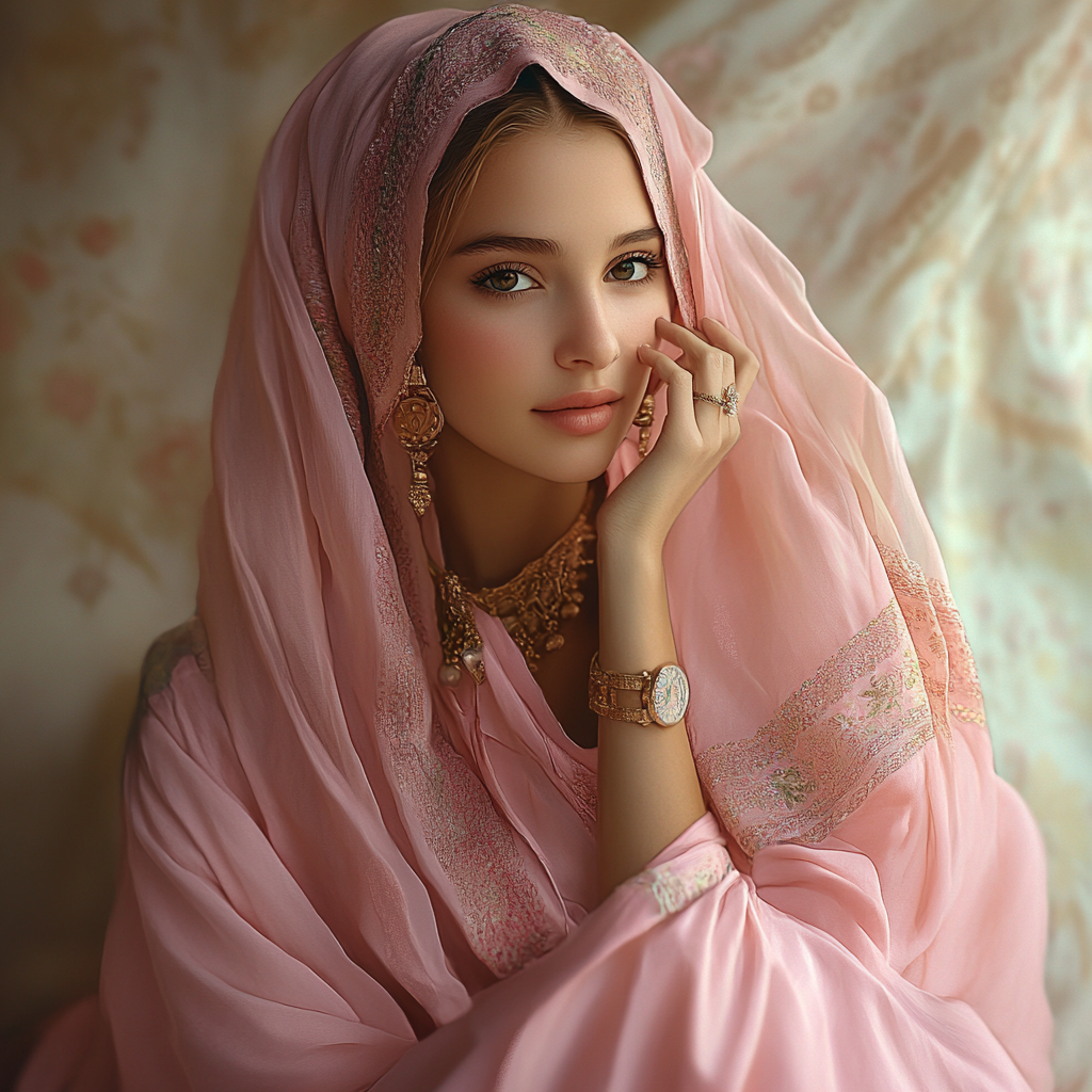 A Serene Moroccan Woman in Pink Traditional Attire