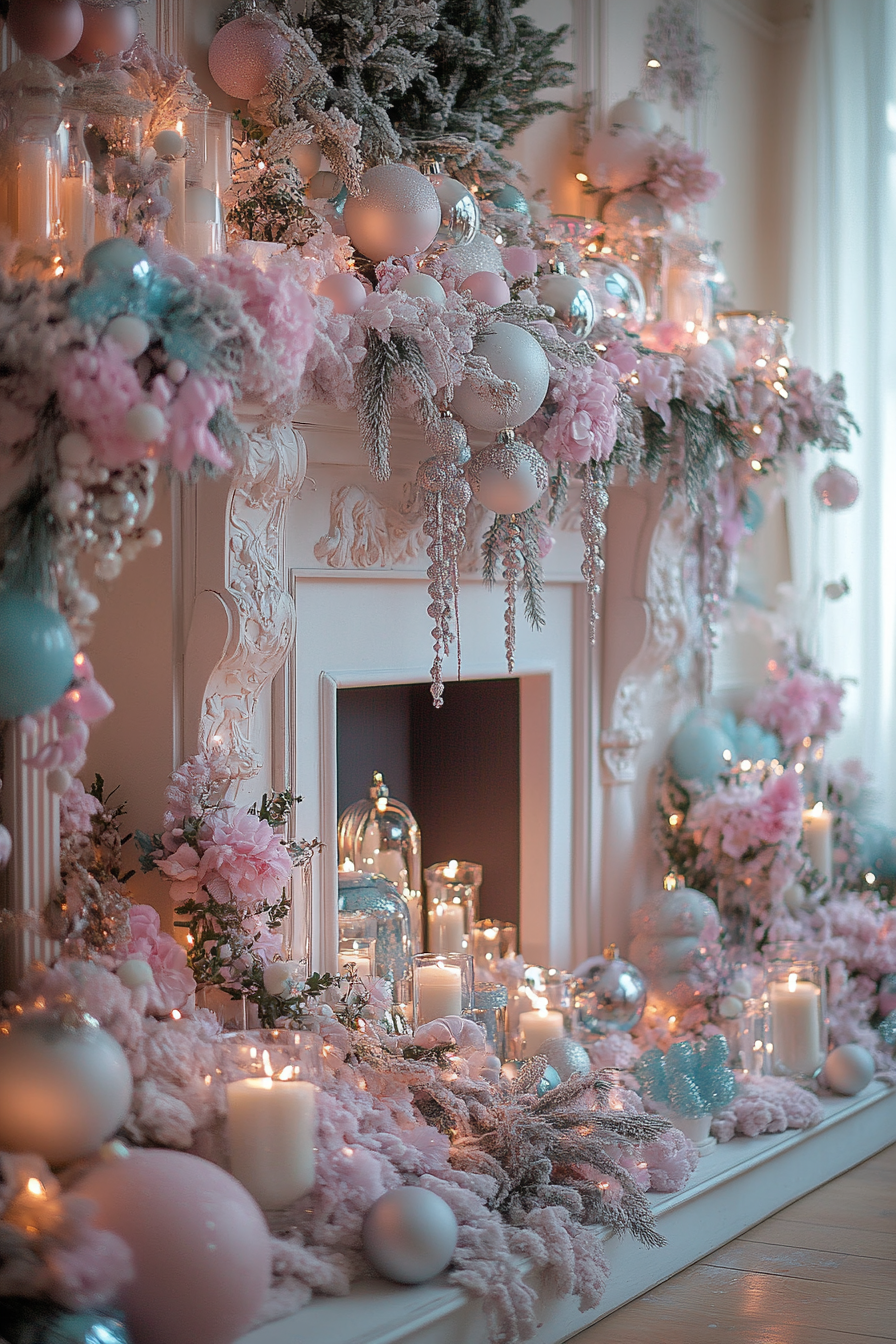 A Serene Pastel Christmas Fireplace Mantle