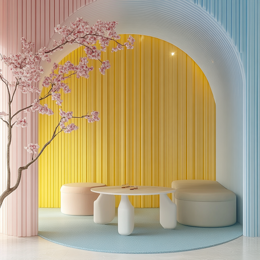 A Serene Pastel Room with Cherry Branch Decoration.