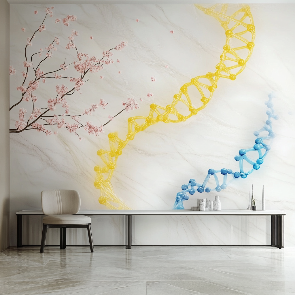 A Serene Room with DNA Cells and Cherry Branch