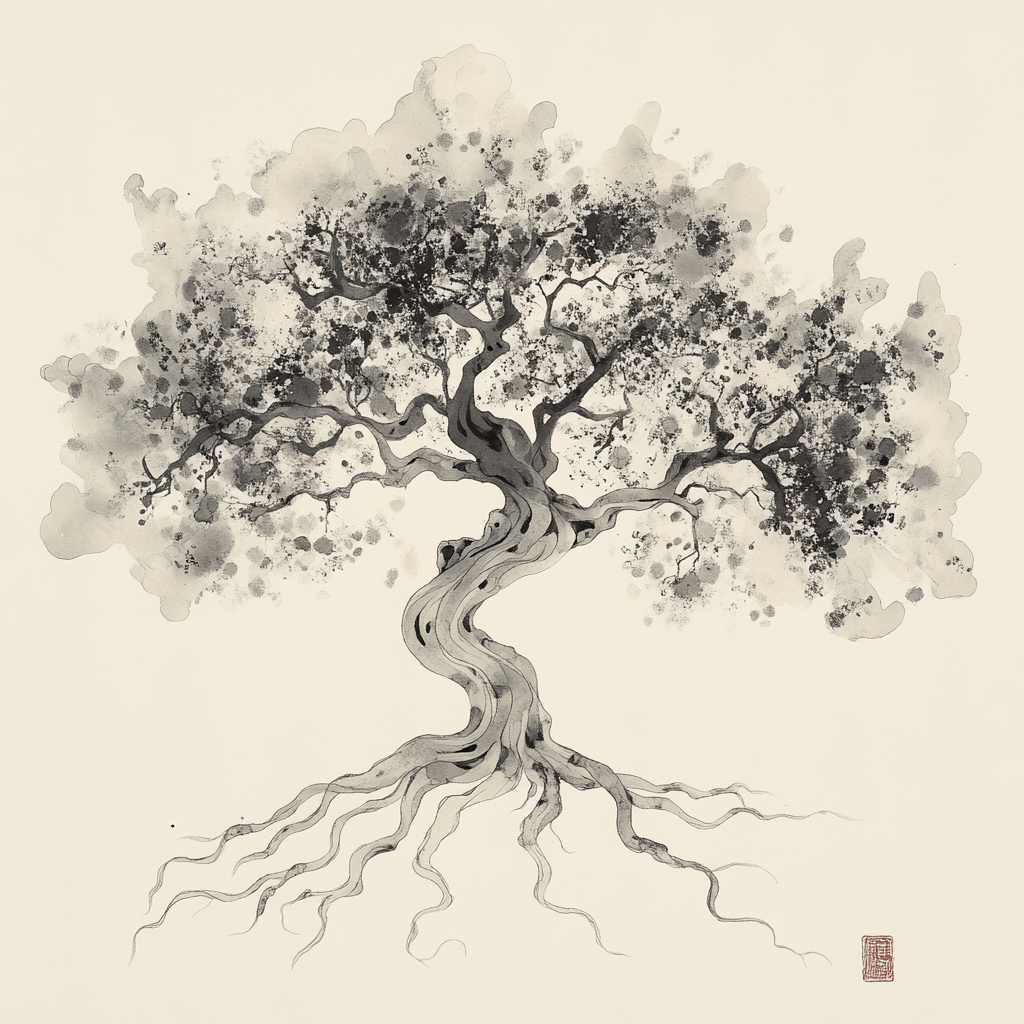 A Serene Tree of Life in Ink Wash