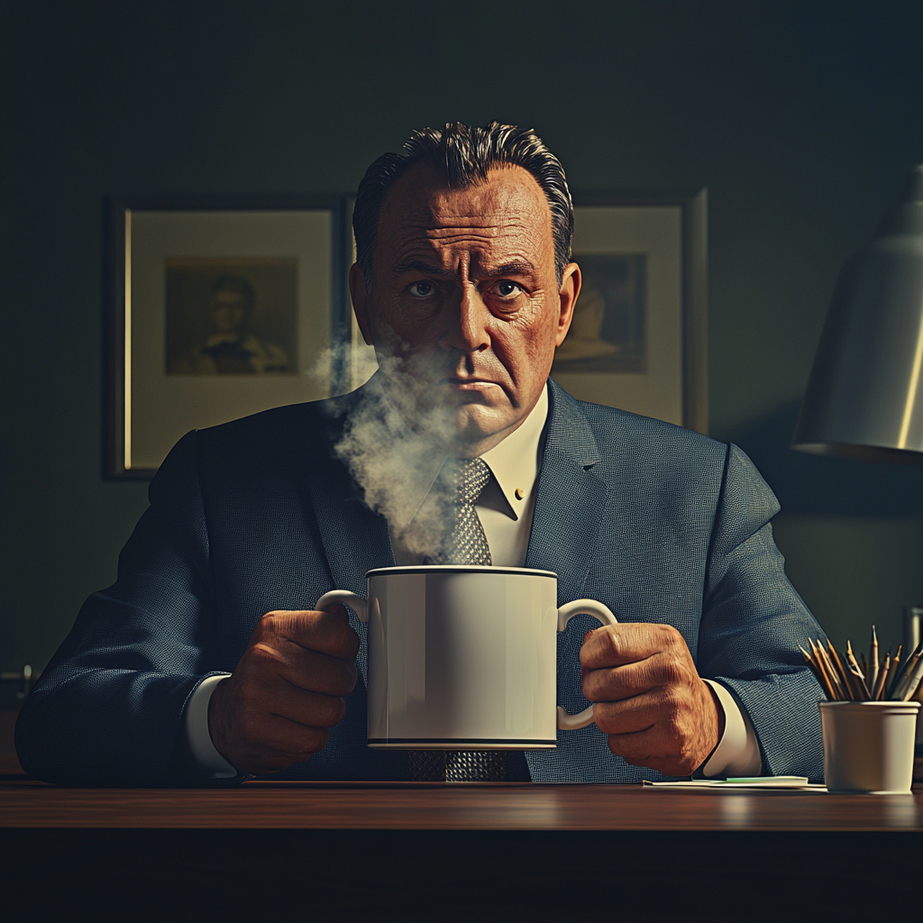 A Serious Businessperson with Oversized Coffee Mug