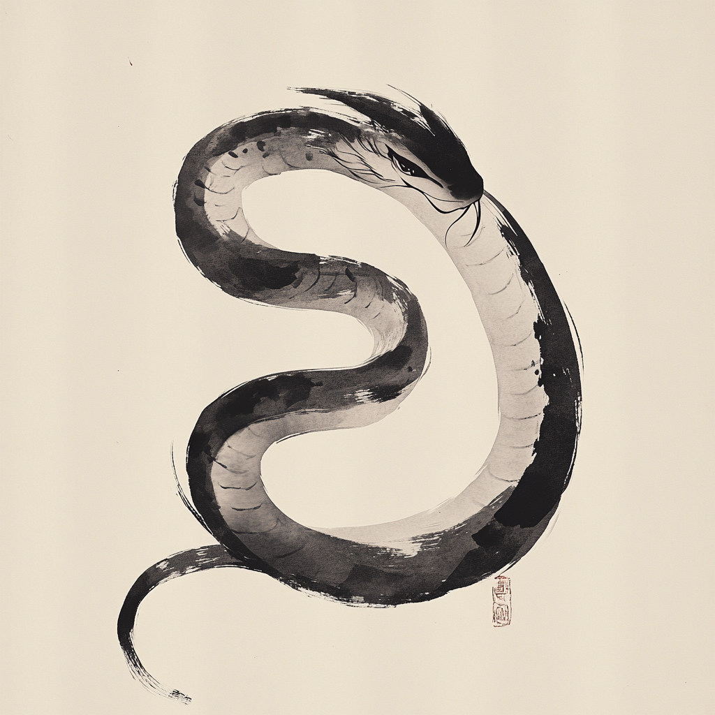 A Serpent's Graceful Ink Wash Pose