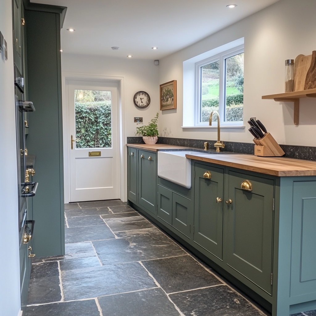 A Shaker kitchen with sage green cabinets