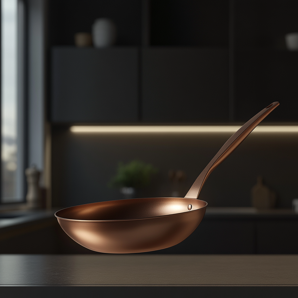 A Shiny Copper Pan in Elegant Kitchen Scene.