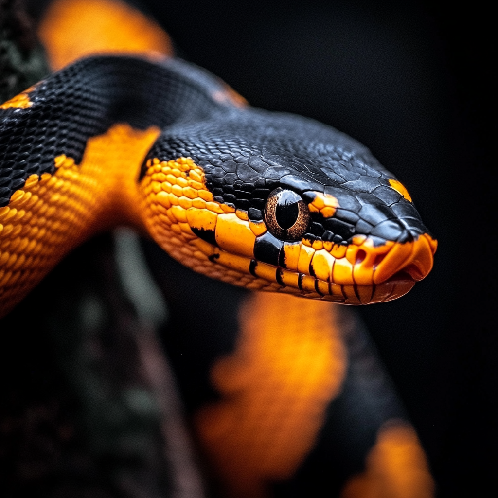 A Shiny Snake with Black Markings Slithering Forward