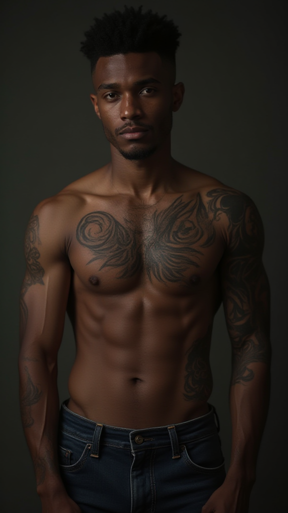 A Shirtless Young Man with Tattoos