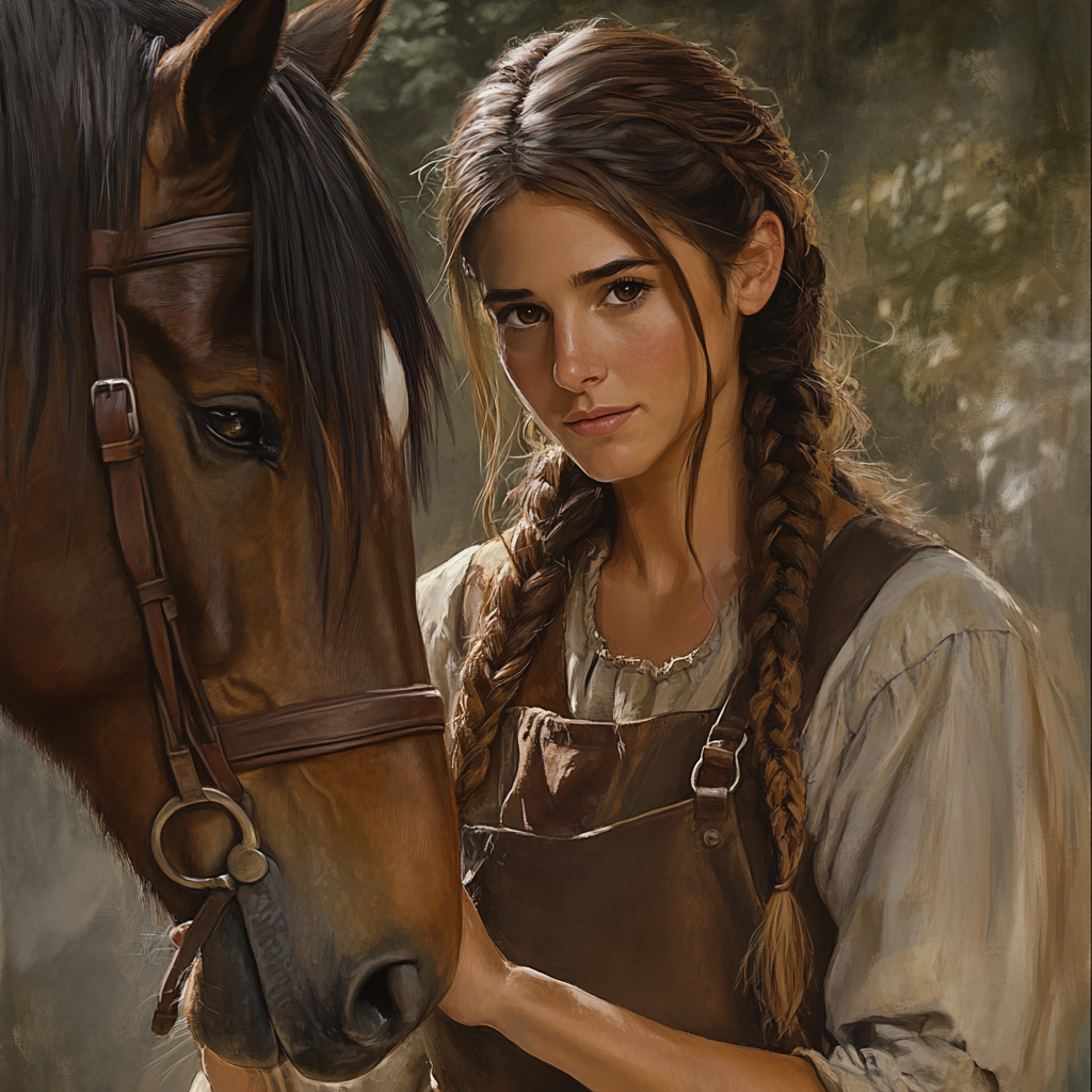 A Shy Medieval Woman with Brown Hair and Horse