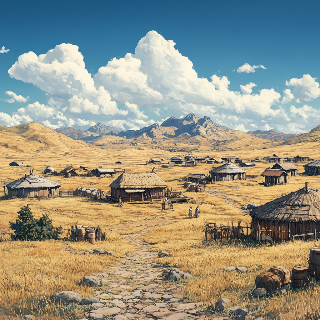 A Siberian village with few inhabitants in plains.