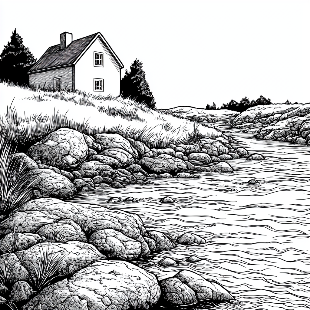 Illustration of a Simple House by Rocky River Bank. Coloring Book