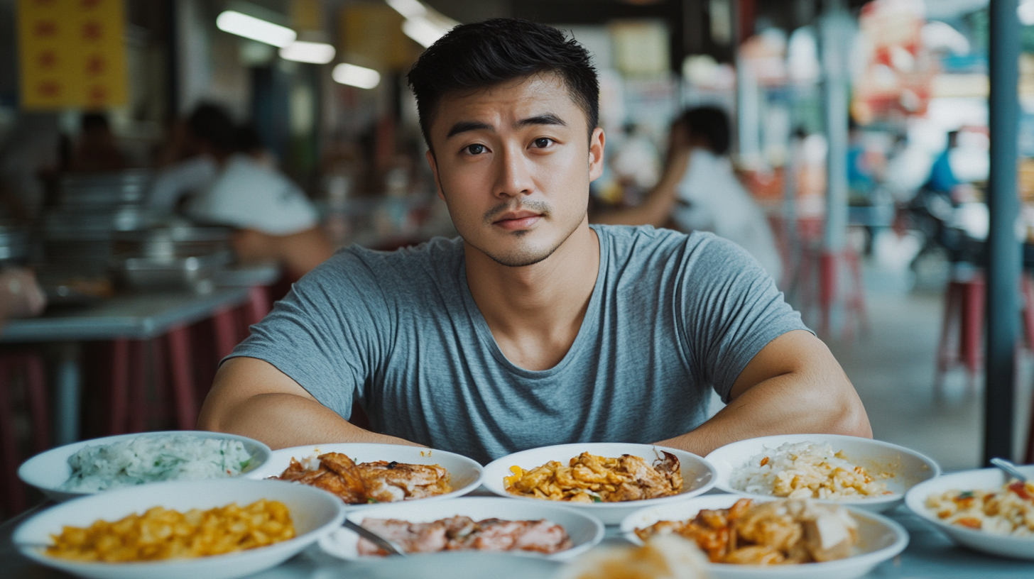 A Singaporean Man Sitting on Table with Food