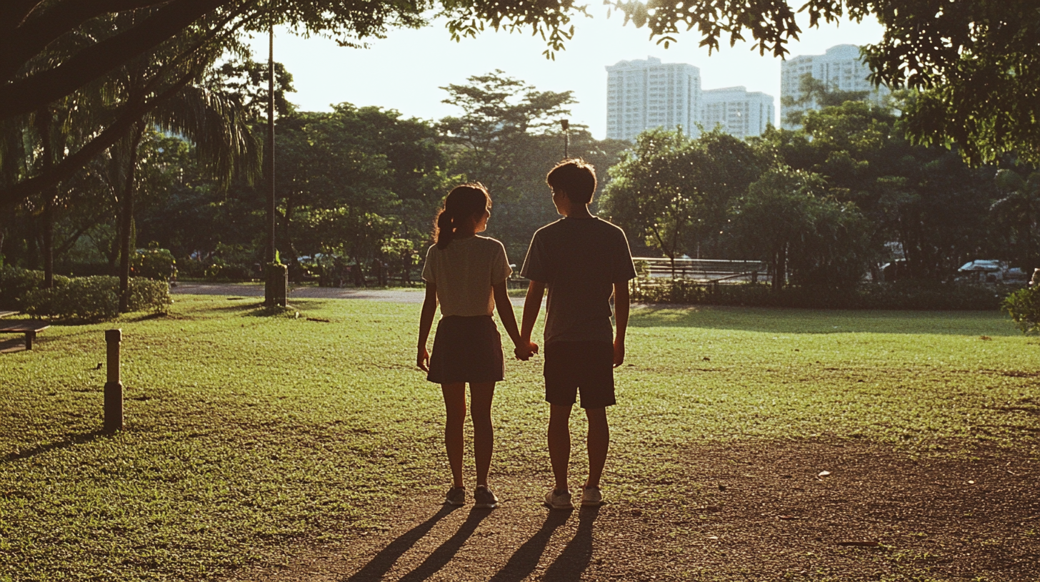 A Singaporean couple holding hands in the park