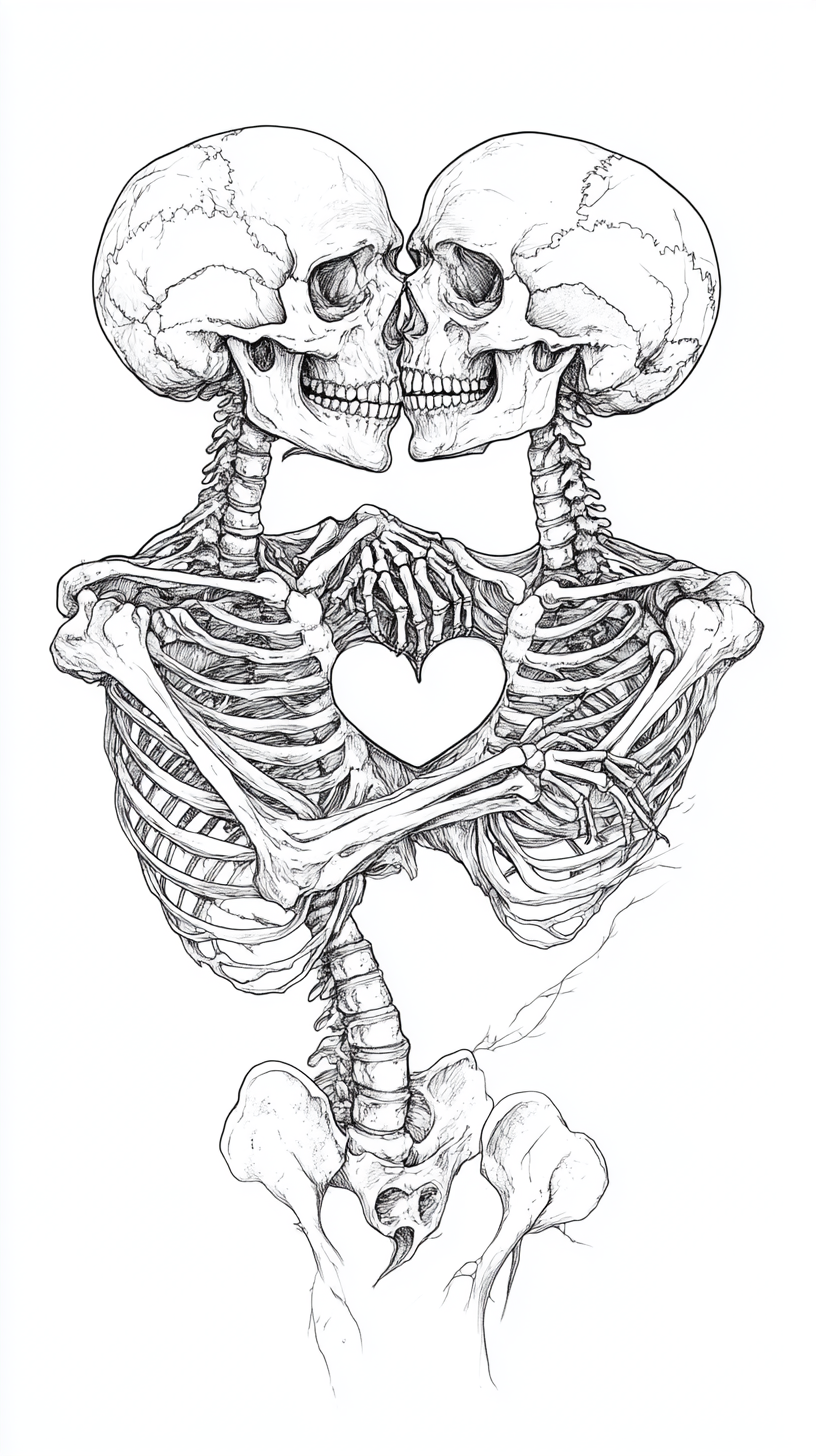 A Skeleton Couple Hugging and Holding Heart Illustration