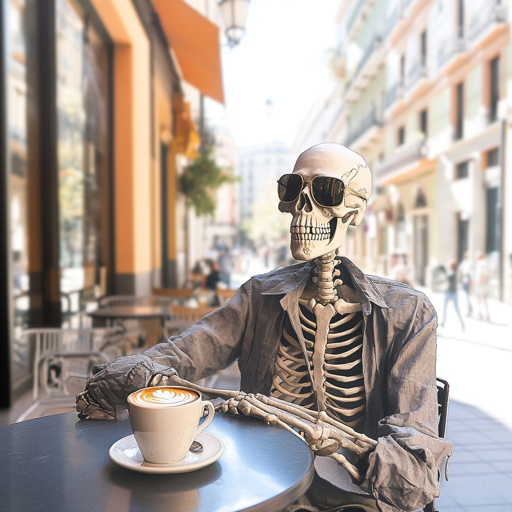 A Skeleton Enjoying Coffee at Madrid Street Cafe