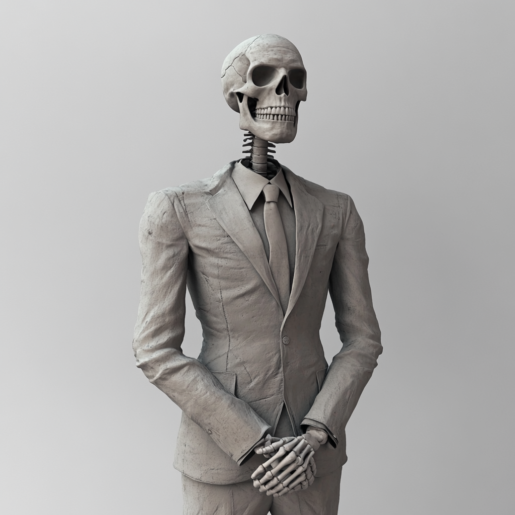 A Skeleton in Suit Standing at Angle