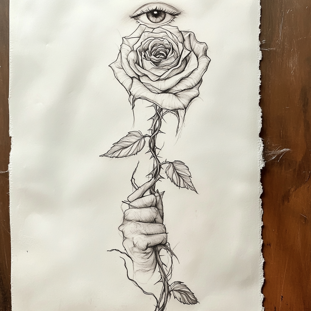 A Sketch of Rose with Barb Wire Tattoo Idea