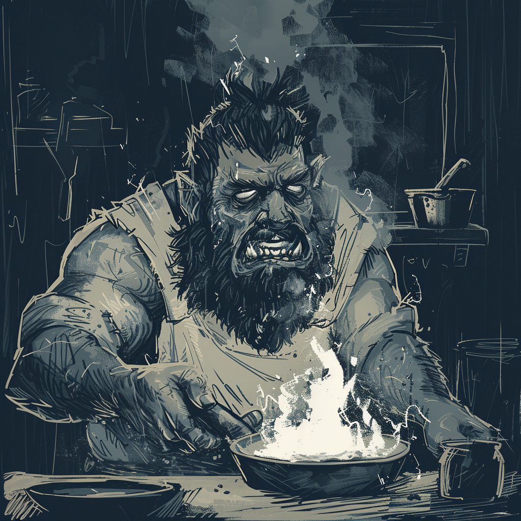 A Skinny Half-Orc Chef panics in kitchen fire.