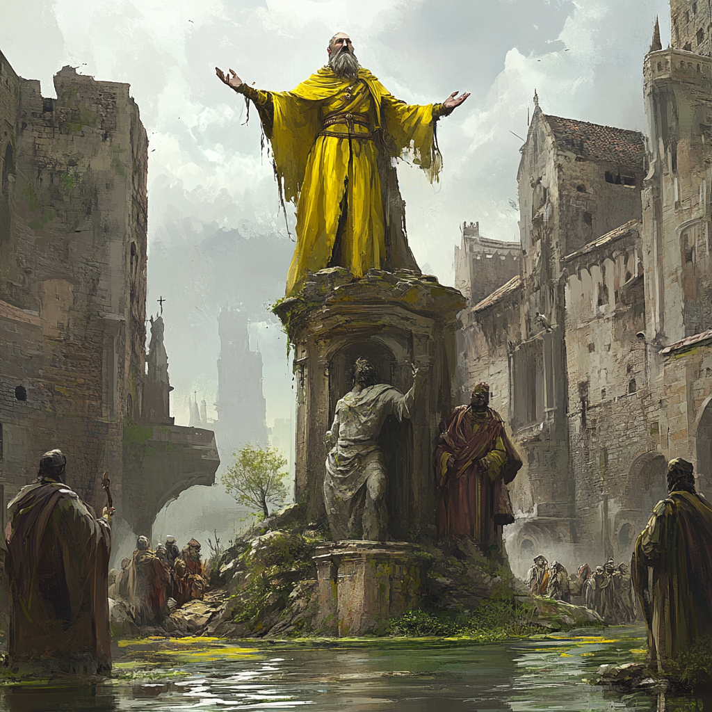 A Skinny King in Yellow Preaching on Ruined Statue