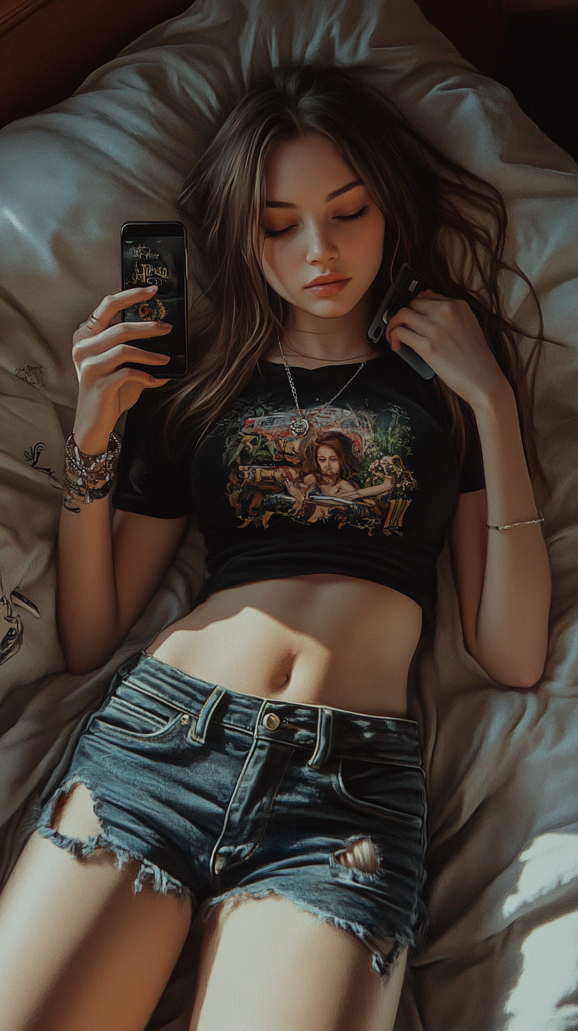 A Slavic Supermodel on bed looking at phone