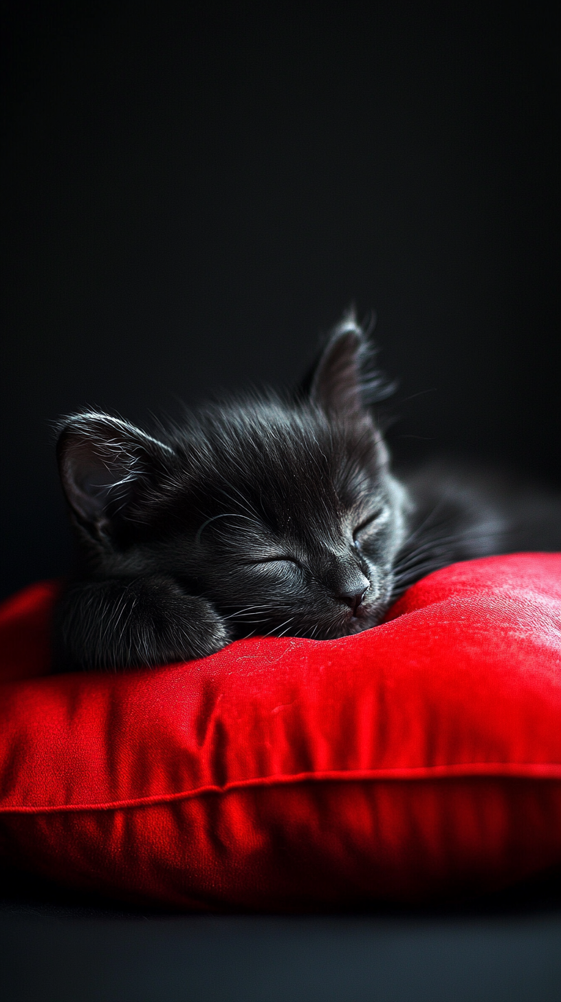 A Sleepy Black Kittens on Red Pillow