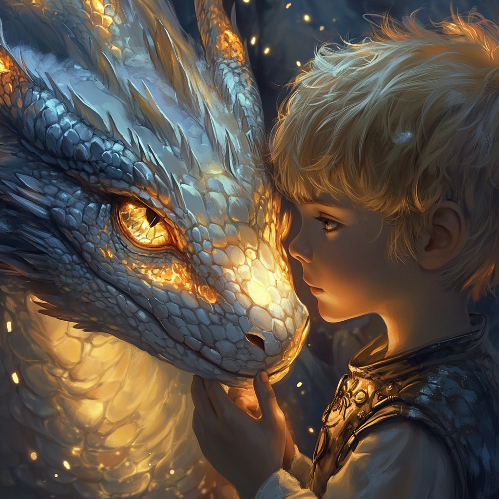 A Small Dragon Playing with Golden-haired Boy