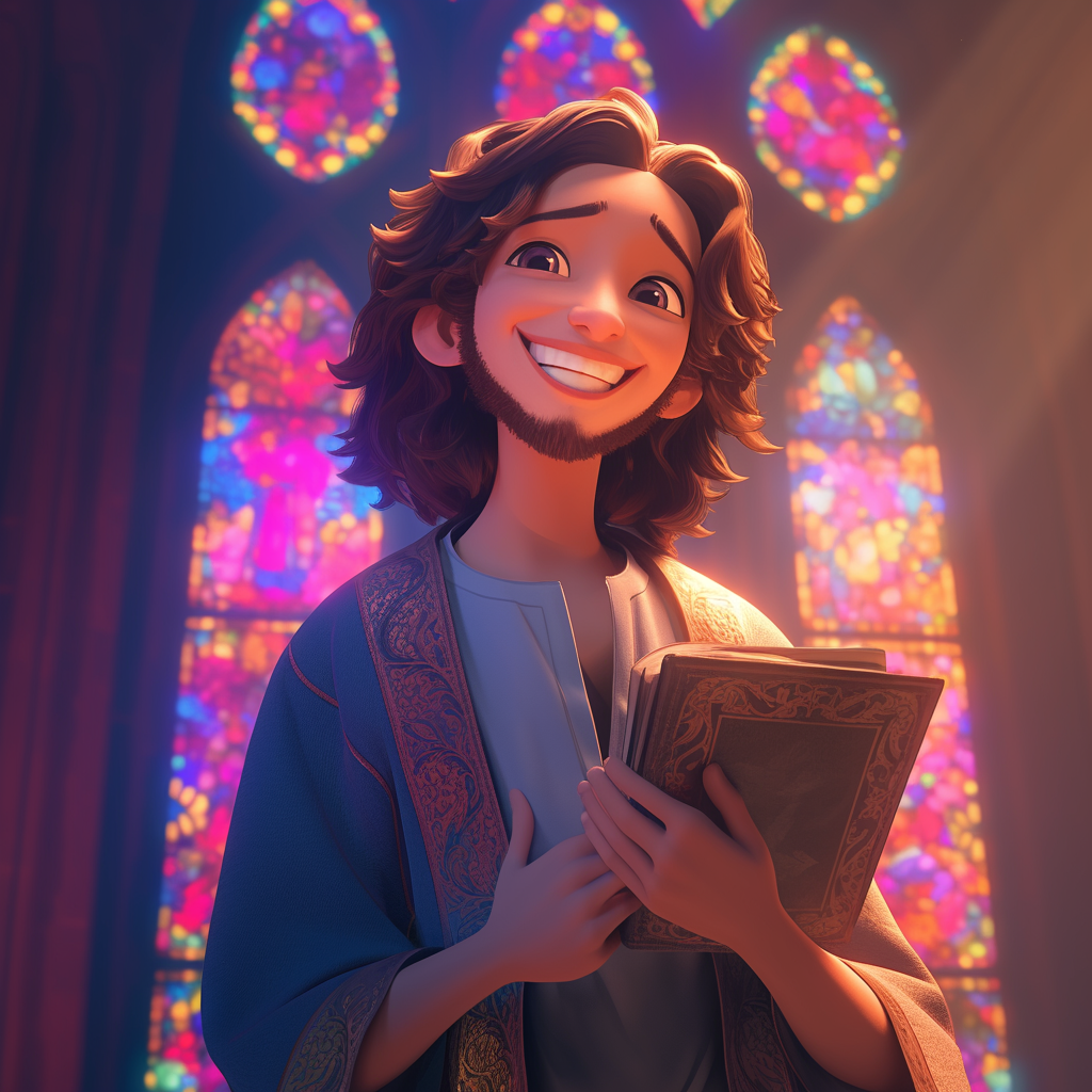 A Smiling Animated Jesus with Bible in Church